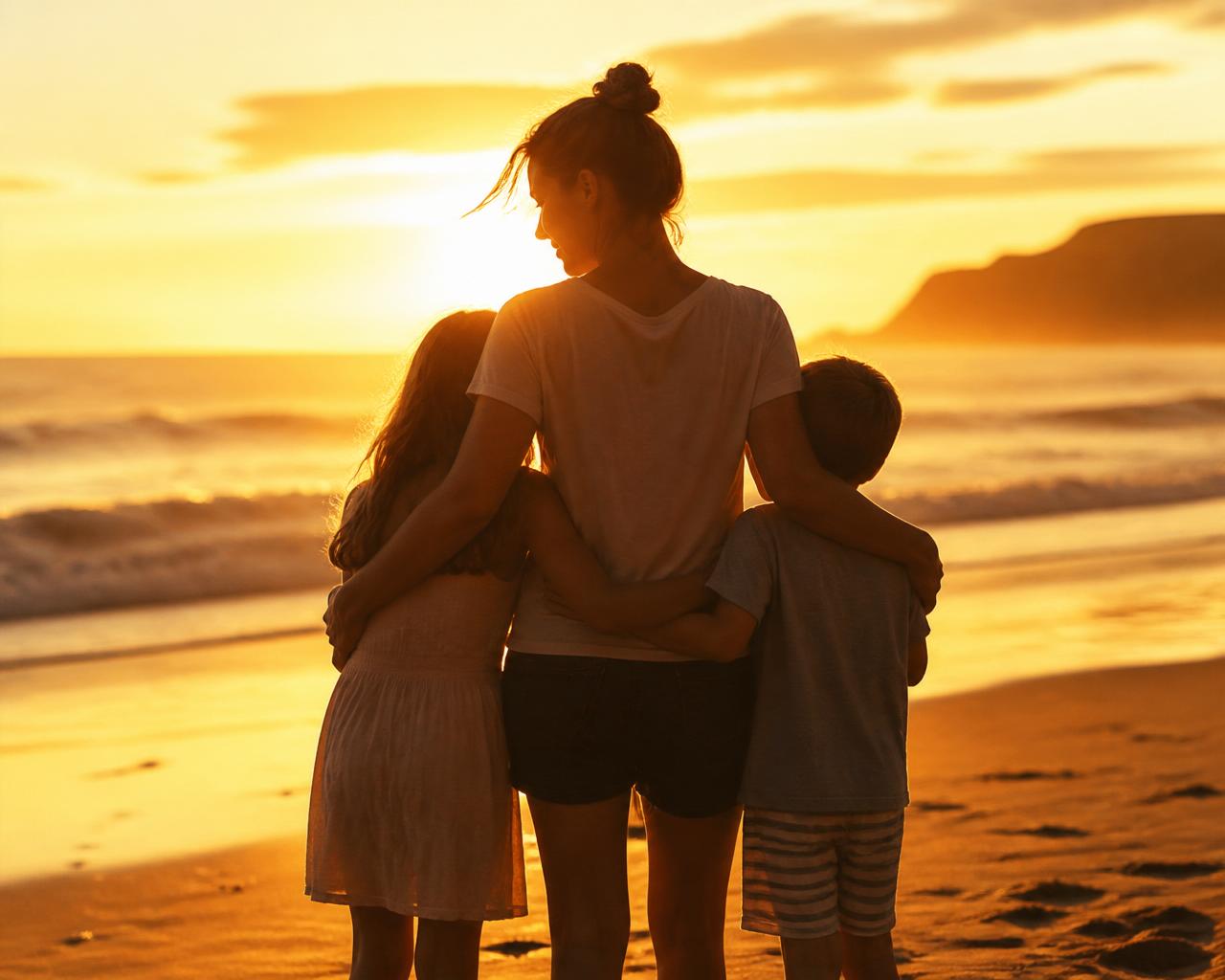 Mother and children at sunset